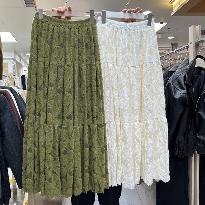 磨毛蕾丝拼接加厚加绒半身裙女2024秋冬季新款a字长裙.复古大摆裙
