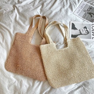 单肩拉链草编包度假沙滩女包海边旅行大容量手提包镂空简约编织袋