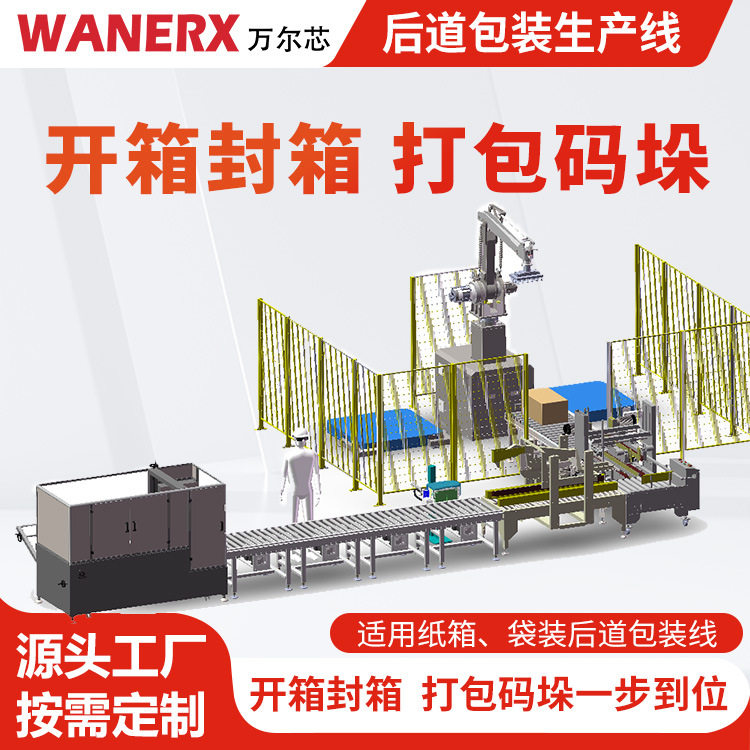 全自动食品包装线开箱封箱一体机方案设计后端包装生产线码垛机