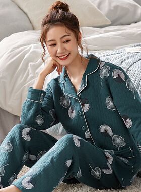 睡衣女秋冬季夹棉空气棉夹层棉质长袖春秋三层加厚保暖家居服套装
