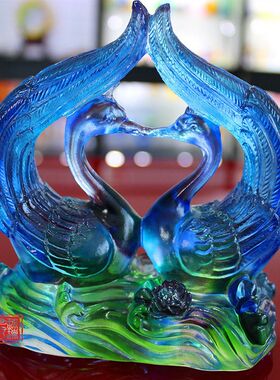 古法琉璃天鹅摆件工艺品永结同心婚庆结婚礼物送新人家居装饰摆件