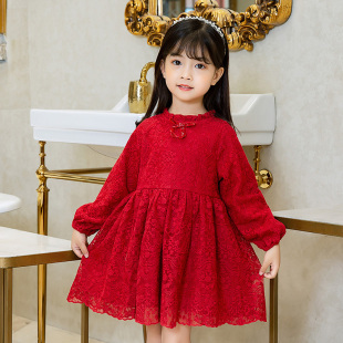 女童秋装连衣裙 2021新款儿童小女孩红色洋气蕾丝加绒公主蓬蓬裙