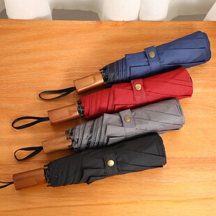 木柄雨伞复古折叠黑胶防晒遮阳伞男女潮流学生手动三折伞加固抗风