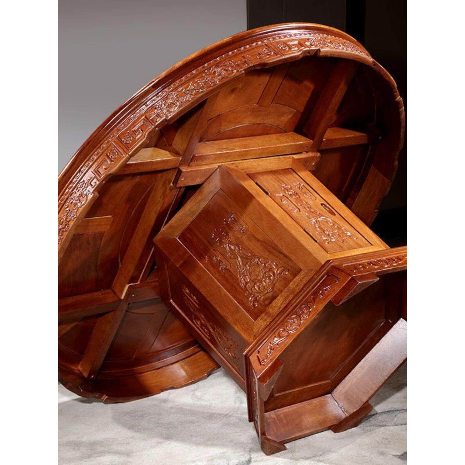 红木餐桌花梨木餐桌中式雕花全实木古典家用圆形饭桌菠萝格餐桌椅