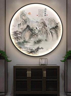 山水迎客松玄关装饰画走廊过道进门客厅背景墙挂画圆形茶室壁画灯