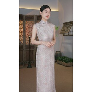 良辰媄锦【流音】日常p可穿格子旗袍素雅长款低开叉复古连衣裙女