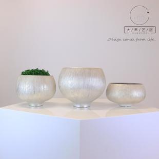 轻奢简约竖线肌理银色高温陶瓷花盆花器苔藓洽谈桌桌面摆件陈列柜