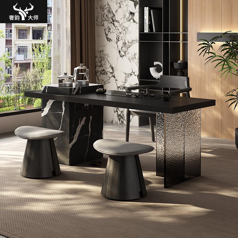 阳台茶桌小组合现代简约意式极简黑色小型家用茶台岩板功夫泡茶桌