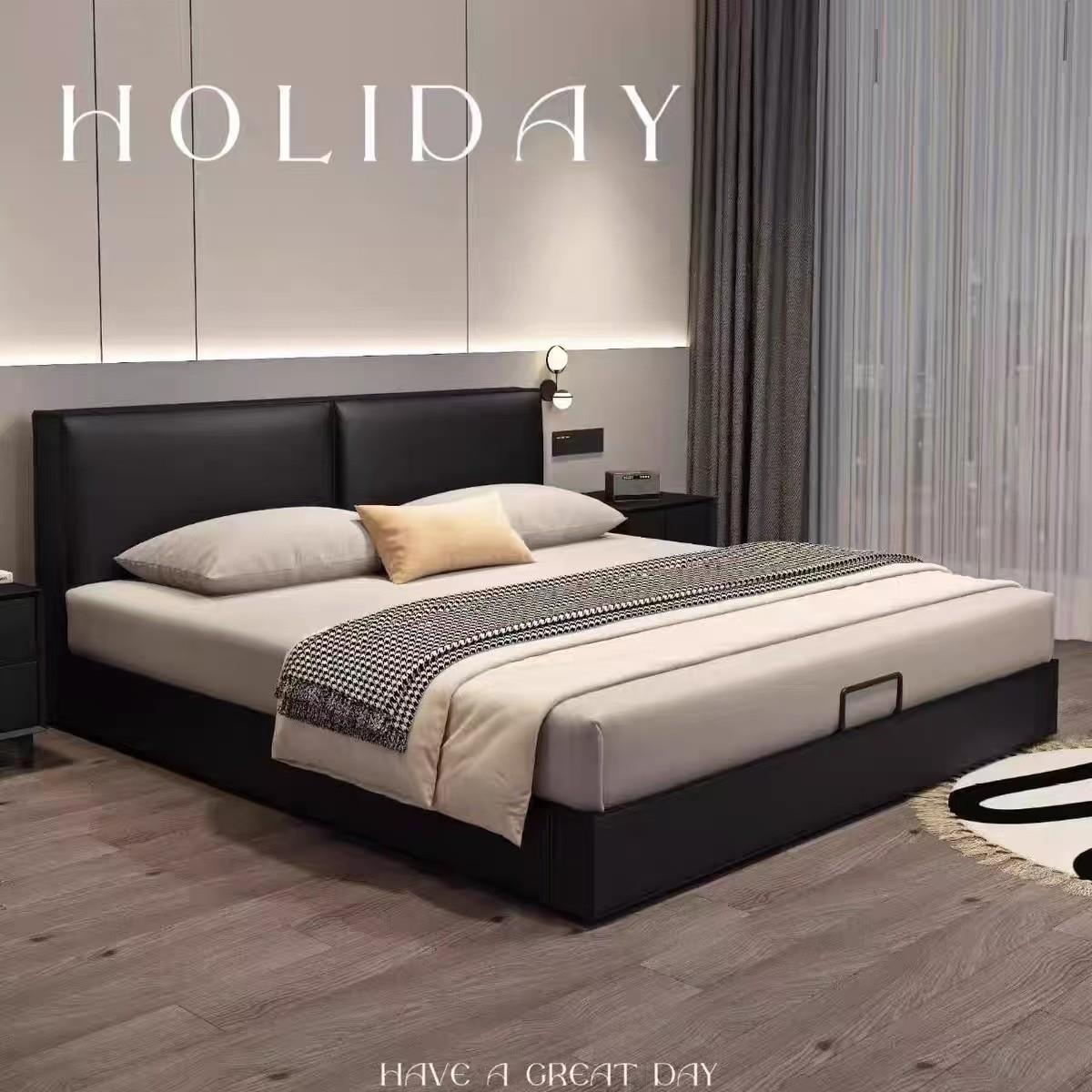 黑色豆腐块真皮床意式极简现代简约高端大气双人床主卧大黑牛皮床