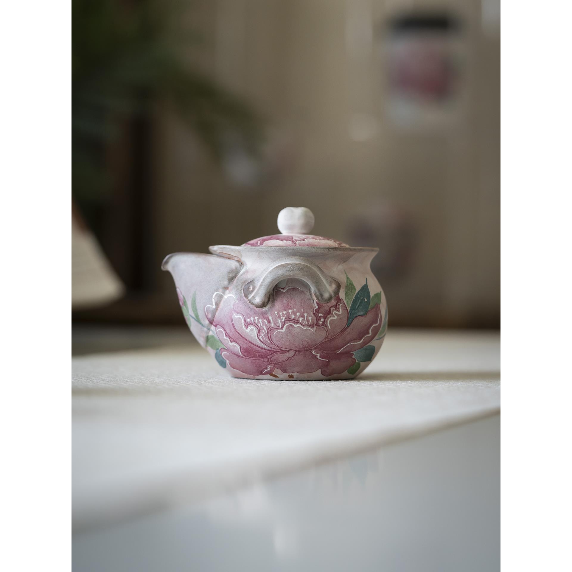 老岩泥牡丹手持茶壶陶瓷茶壶家用茶壶防烫覆古茶具功夫茶具