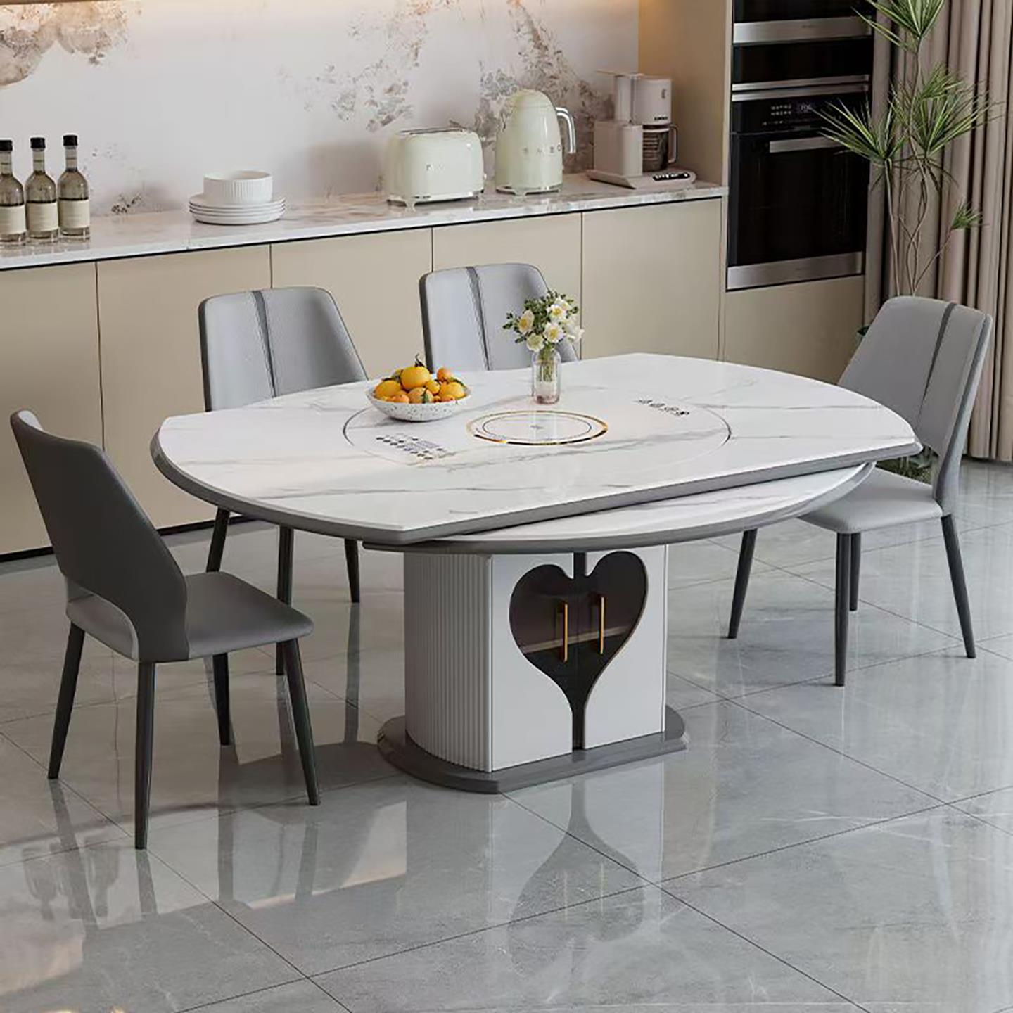 轻奢岩板多功能伸缩餐桌椅电磁炉电动转盘暖菜板可变圆桌饭桌家用