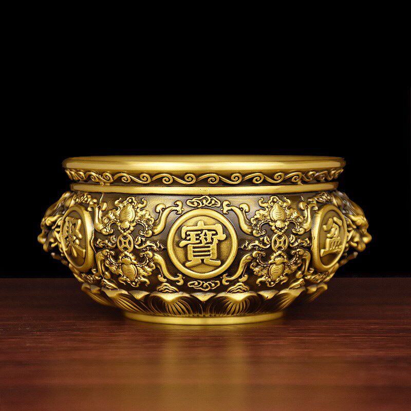纯黄铜聚宝盆摆件米缸铜缸莲花存钱罐烟灰缸客厅装饰品开业礼品