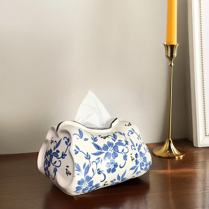 中式青花瓷纸巾盒高档手绘家用创意客厅茶几原创卫生纸盒装饰品摆