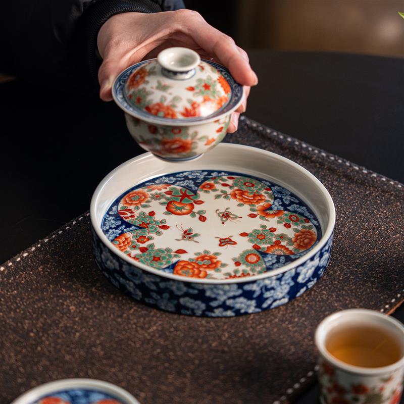 青花粉彩蝶舞陶瓷圆形壶承茶盘茶托精致高雅中国风新中式功夫茶具
