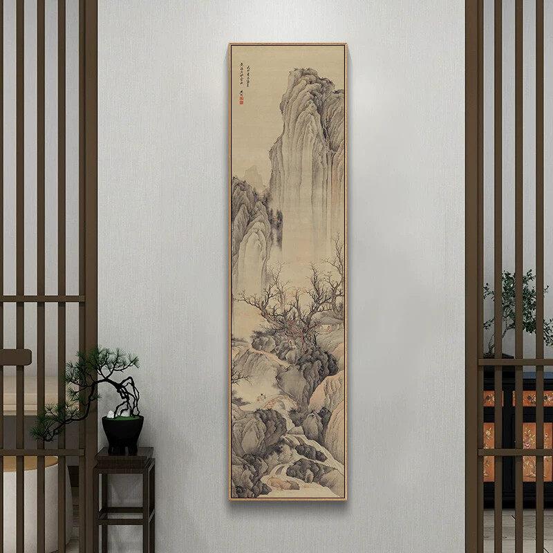 新中式玄关山水挂画中国古风古画复制品壁画茶室书房装饰画框竖版