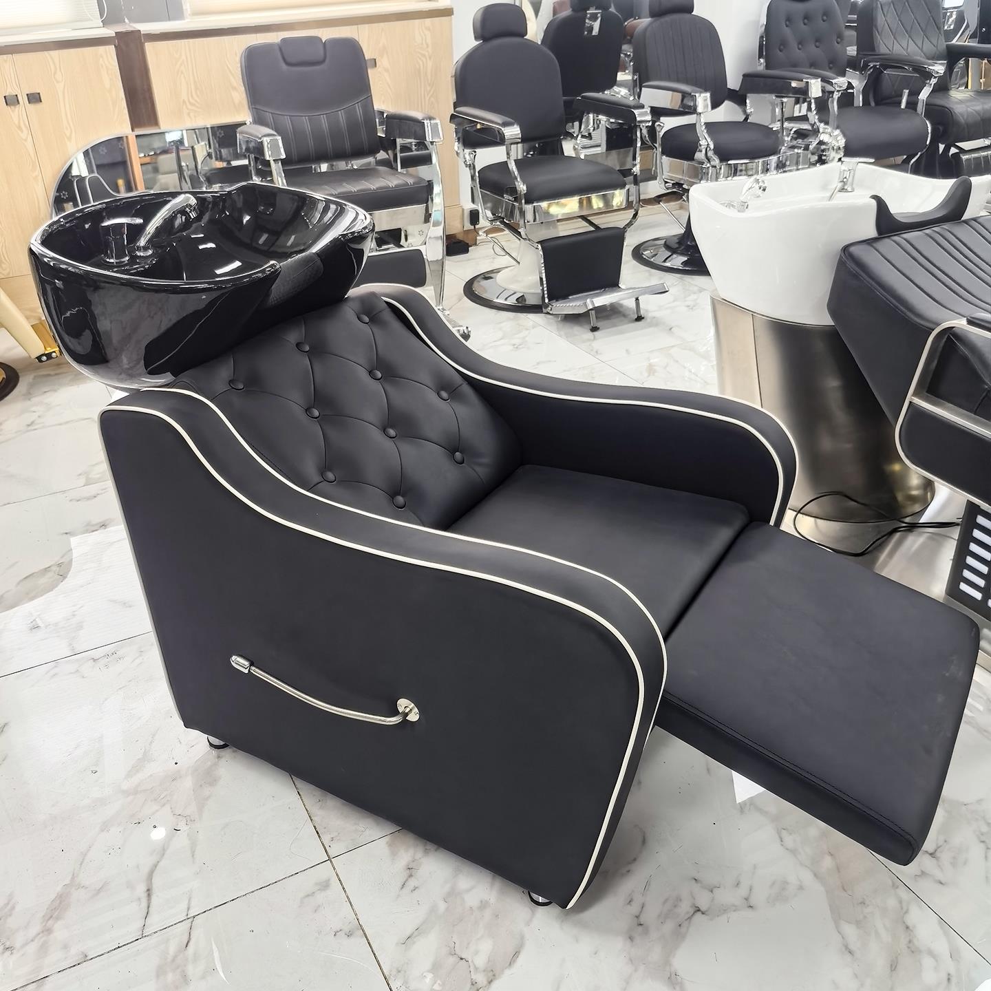 外贸出口理发店坐式洗头床半躺式陶瓷盆美发发廊高档洗头椅冲水床