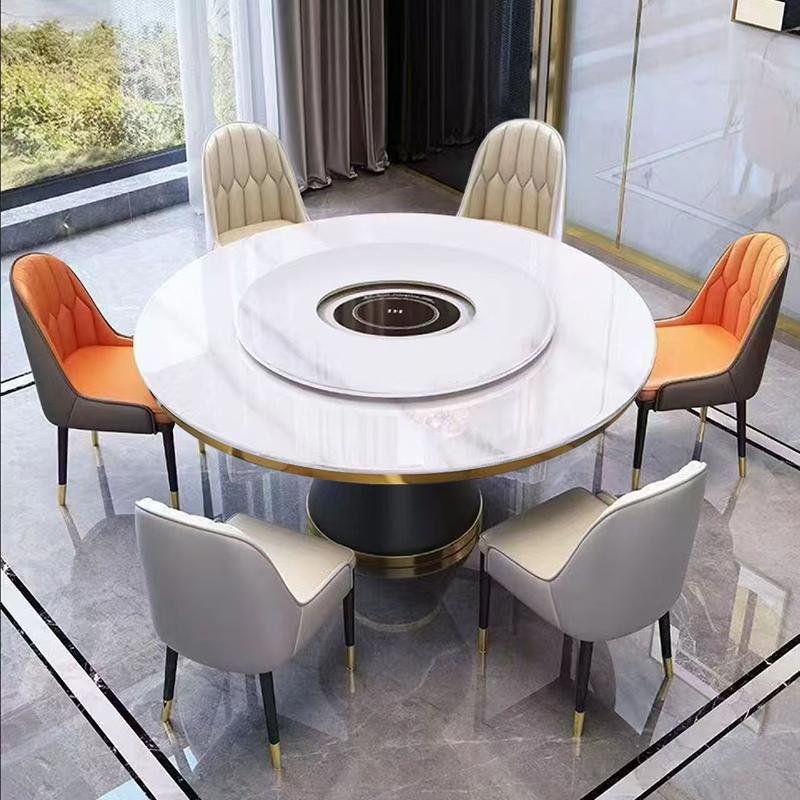火锅电磁炉岩板餐桌圆桌椅组合吃饭桌子大理石轻奢家用圆形带转盘