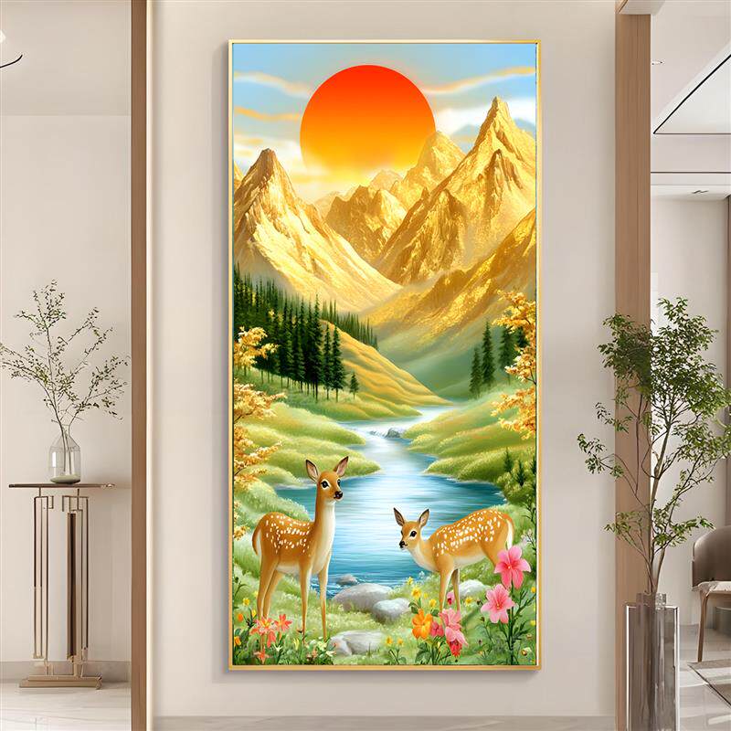 山水风景画聚宝盆玄关装饰画入户正对门挂画聚财金山壁画