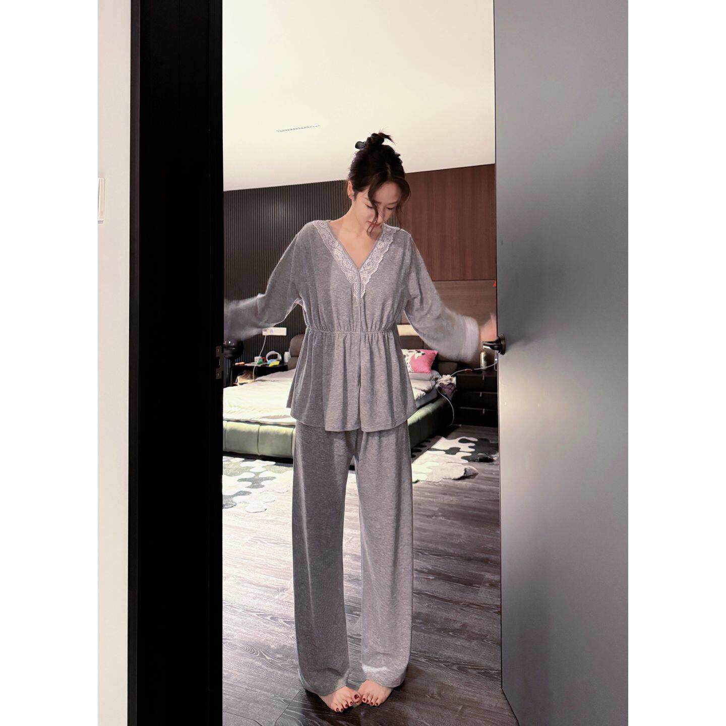 doubleoo秋冬女带胸垫家居服收腰韩系蕾丝套装暖绒亲肤可外穿慵懒