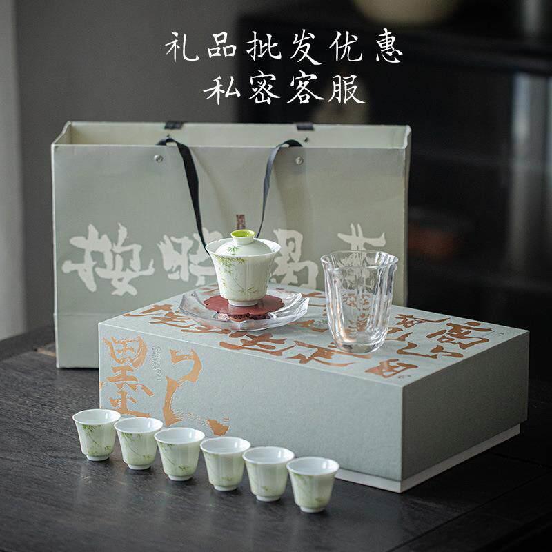 景德镇釉下彩纯手绘竹子功夫茶具套装花瓣盖碗品茗杯壶承整套礼品