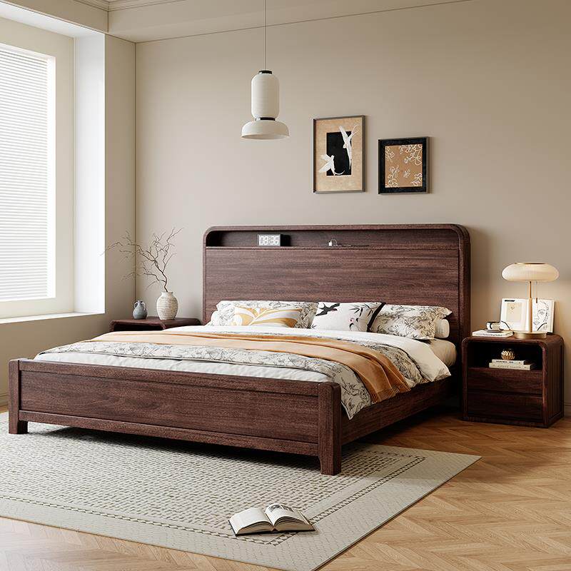 新中式黑胡桃木实木床2米x2米2大床现代简约主卧1米8双人床头储物
