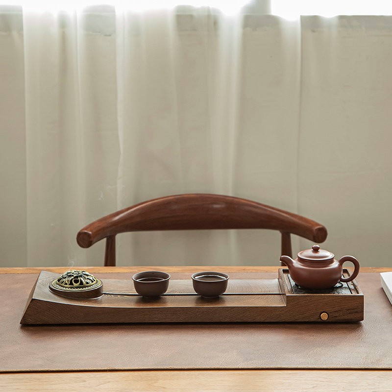 墨守黑檀木茶盘家用长方形乌金石储水排水式茶托鸡翅木小干泡茶台