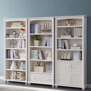 实木书柜书架带门落地白色烤漆简约抽拉飘窗儿童置物架收纳组合柜