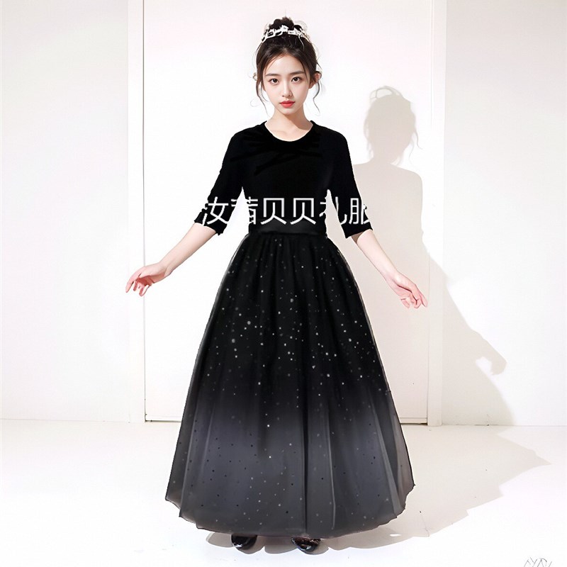 女童高端a礼服裙主持人黑色渐变色长裙系带朗诵合唱提琴钢琴演出