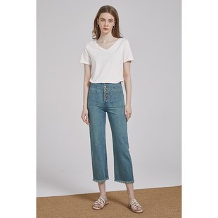 2024夏装新款  基本款白色法式v领短袖T恤女简约露锁骨打底上衣