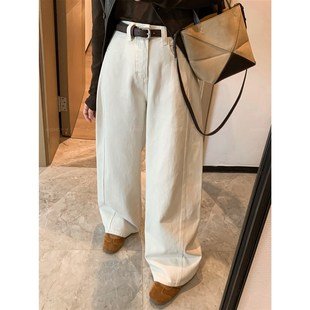 爱情魔鬼鱼 杏色高腰薄绒牛仔阔腿裤女2024秋冬宽松休闲裤长裤子