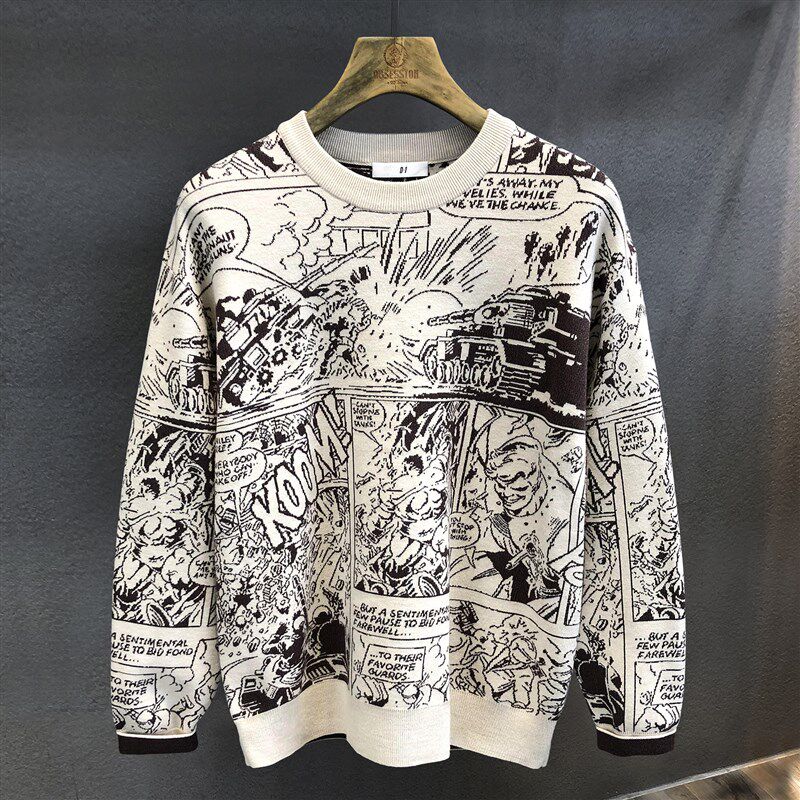 双面提花高级艺术感插画设计潮牌圆领毛衣男士秋冬款针织衫男卫衣