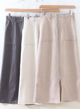 P07008日单新款客供料双头拉链松紧高腰显瘦女前开叉气质长半身裙