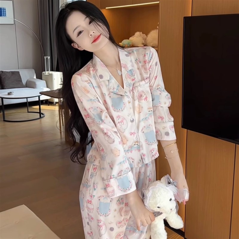 春秋季新款可爱猫咪气质显瘦休闲冰丝长袖睡衣女S家居服套装可外