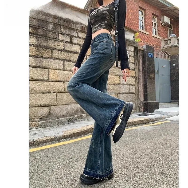 美式复古毛边微喇牛仔裤女秋冬20A24年新款高腰显瘦宽松拖地喇叭