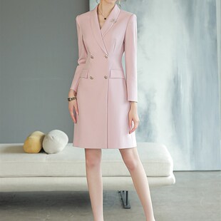 AD洋气粉色职业连衣裙女秋季新款播音艺考服装正式场合西装裙时尚