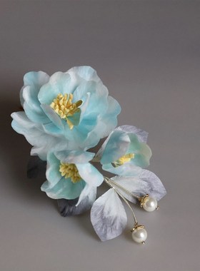 【明烟素雪】非遗绒花发夹蓝色清冷风簪花发饰仙气汉服头饰古风女