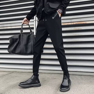 秋冬男士休闲裤韩版修身束脚裤显瘦小脚裤加绒加厚九分裤垂感西裤