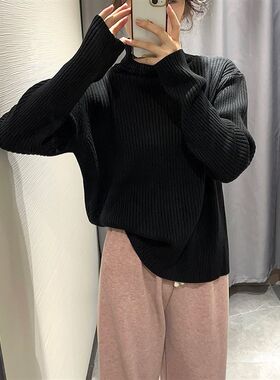 韩系气质慵懒风坑条针织衫上衣女秋冬新款高领宽松设计感套头毛衣