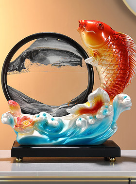 新中式连年有余招财鱼沙漏流沙画C摆件客厅玄关酒柜电视柜装饰品