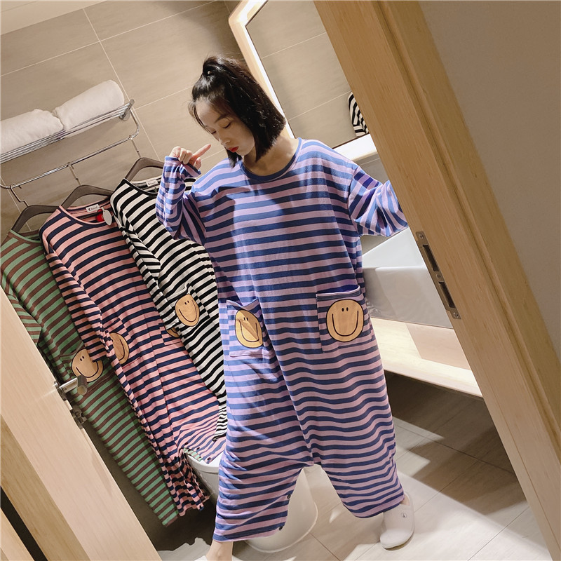可爱连体睡衣女春秋纯棉显瘦条纹长款D睡裙胖mm大码200斤家居服冬