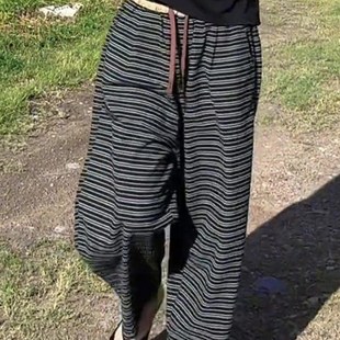 2025夏季 直筒裤 新款 工作服简单百搭时尚 修身 黑色条纹棉麻阔腿裤