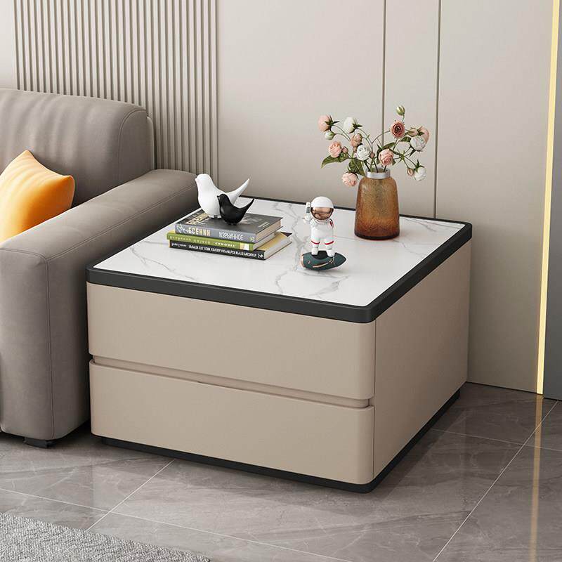 正方形沙发边几轻奢高级感岩板实木侧边柜客厅方形茶几收纳柜茶几