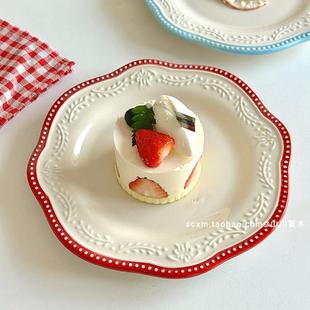 山川夏木 法式vintage红色花边浮雕甜品盘复古宫廷风下午茶西餐盘