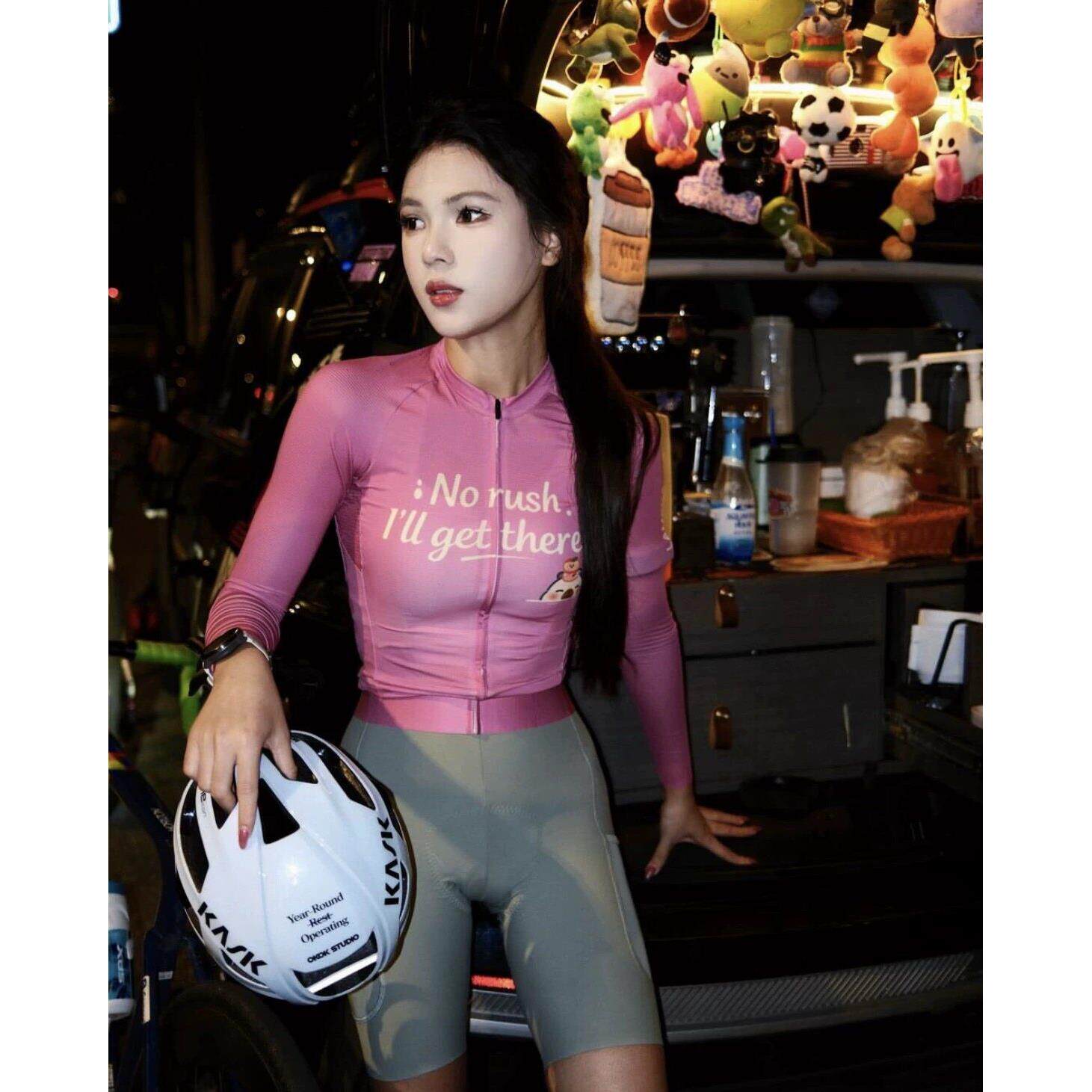女款长袖骑行服粉色公路车骑行上衣速干透气修身显瘦专业骑行服