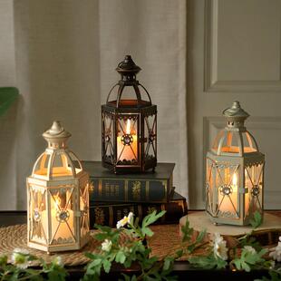 欧式烛台桌面覆古提灯铁艺防风灯摆件户外露营灯蜡烛台防风装饰道