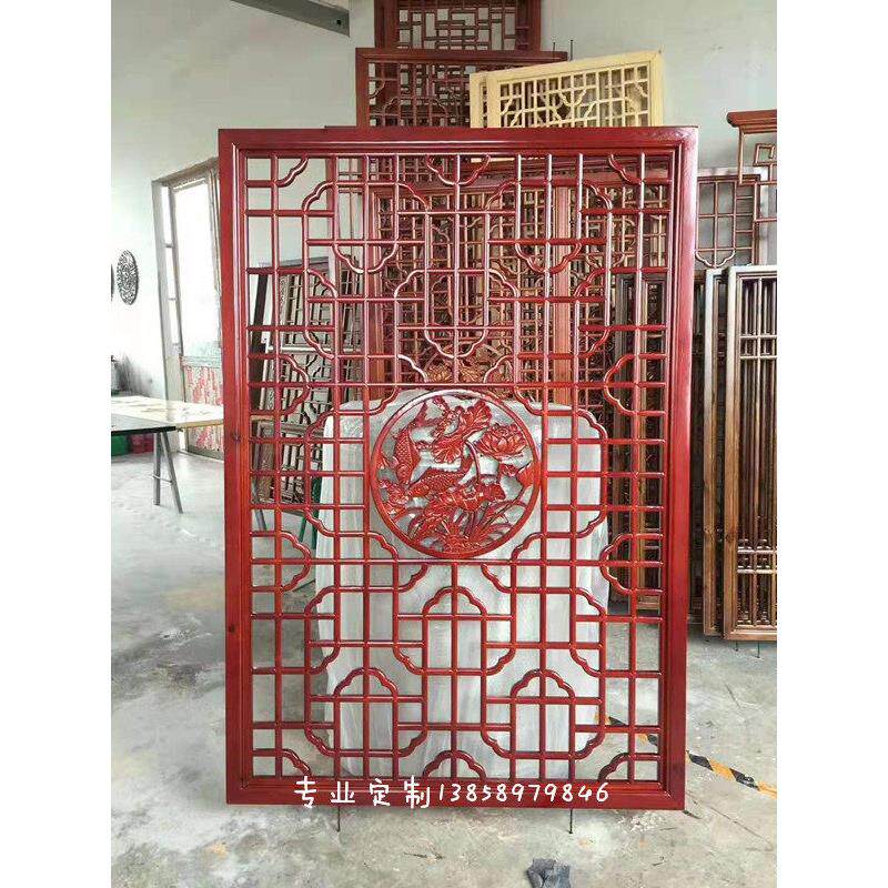 东阳木雕荷花鱼中式花格镂空实木隔断进门玄关镂空屏风格栅花窗格