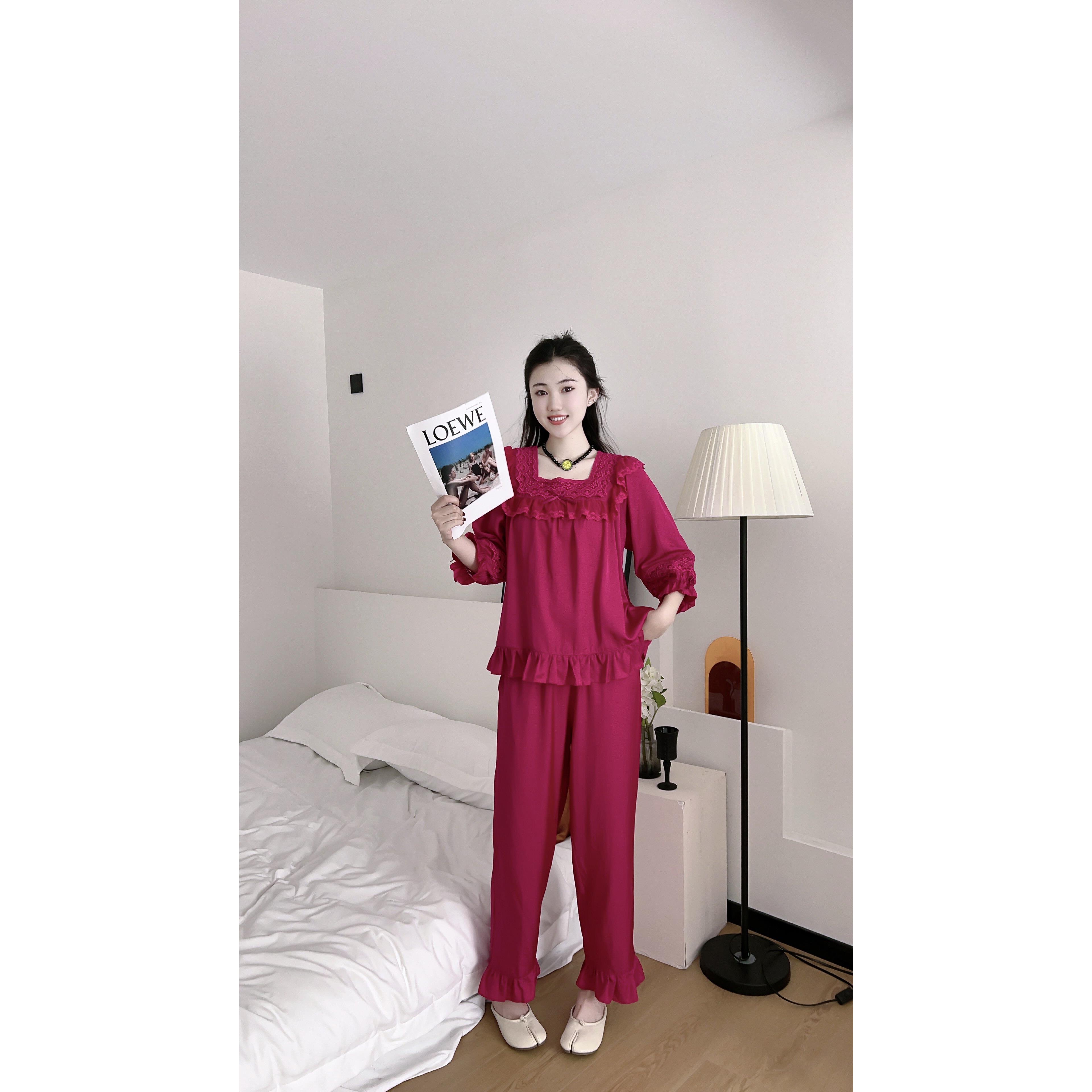天丝麻蕾丝睡衣女士春秋季火龙果长袖裤秋款公主风绣花套装家居服
