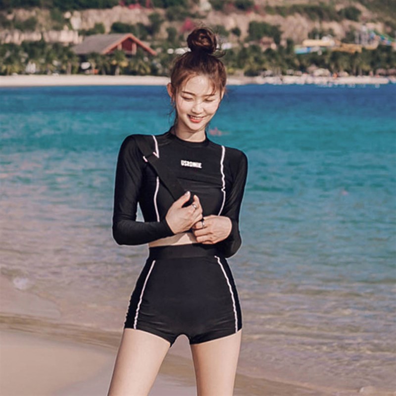 韩版运动潜水服女学生分体长袖黑色高腰泳衣紧身速干浮潜水母衣