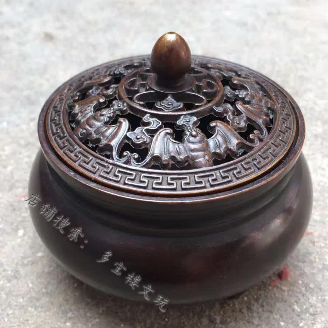 家用老式纯铜香炉摆件怀旧三足鼎带盖复古龙宣德炉供佛香薰炉装饰