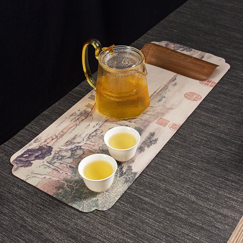 中国风彩绘桌旗布吸水加厚茶席养壶复古禅意垫丝绒茶具配件